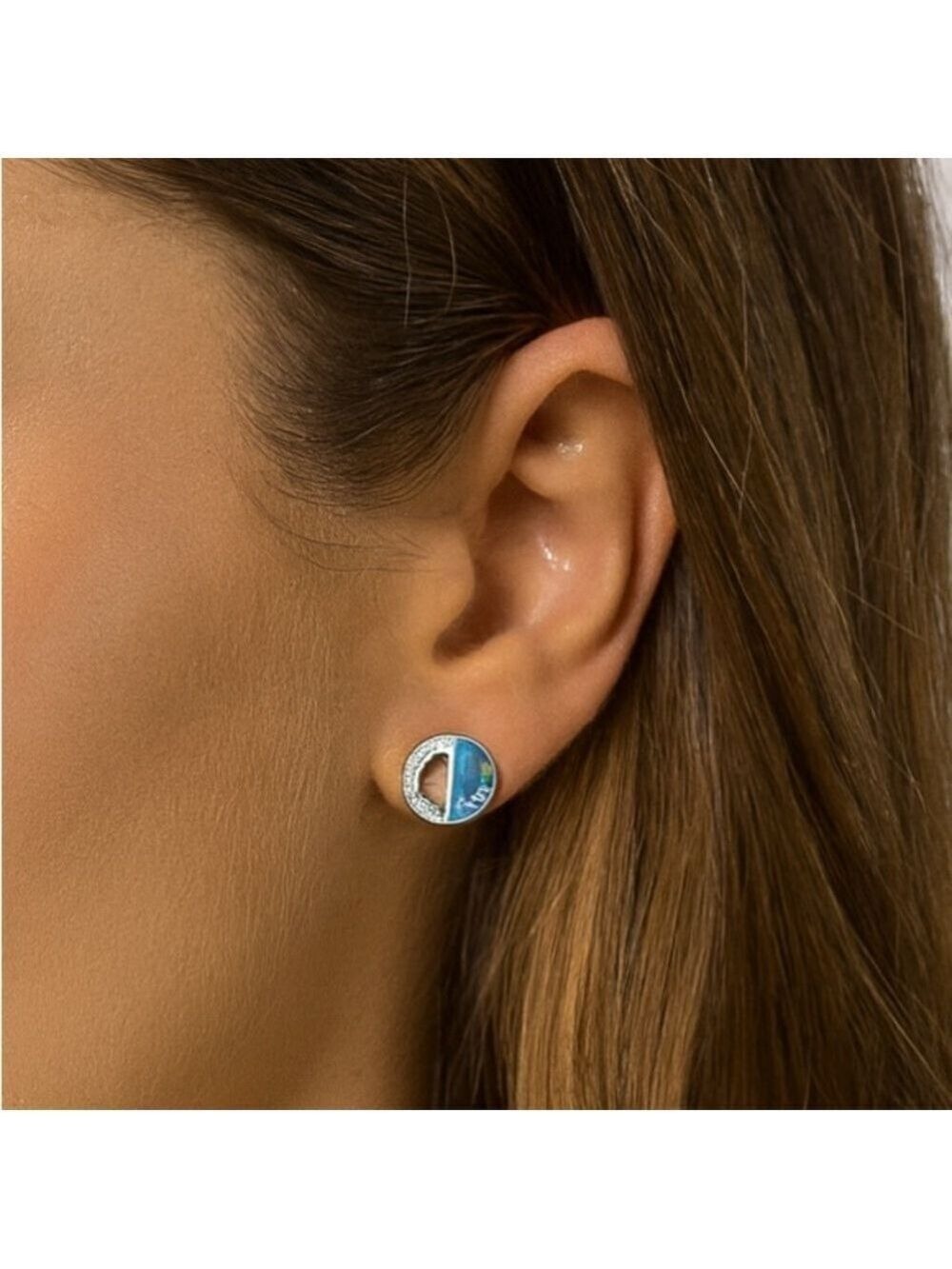 925 Sterling Silver Clear CZ Simulated Blue Opal Stud Earrings